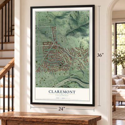 Claremont, Berkeley, California map, 24 x 36 inch print in a black frame by a staircase