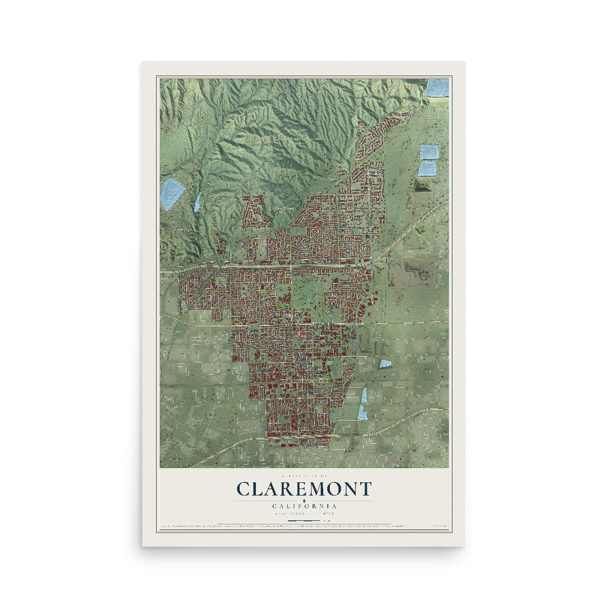 Map of Claremont, California, 12 x 18 inch unframed archival matte print