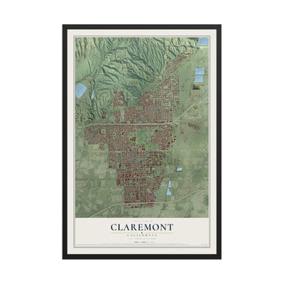 Map of Claremont, California, 12 x 18 inch print in a black wood frame