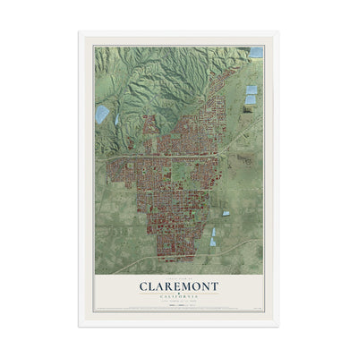 Map of Claremont, California, 12 x 18 inch print in a white wood frame