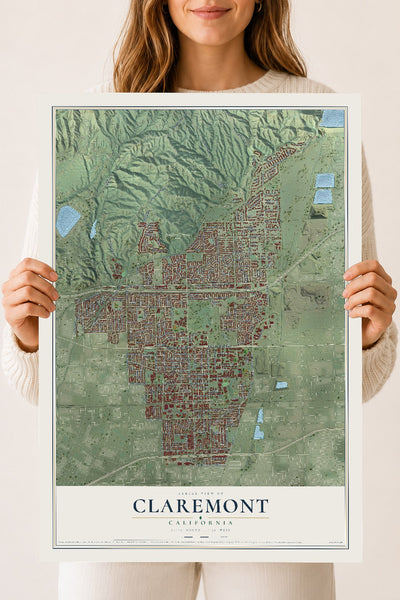 Map of Claremont, California, 18 x 24 inch unframed archival matte print