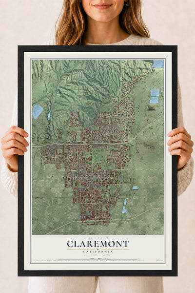 Map of Claremont, California, 18 x 24 inch print in a black wood frame