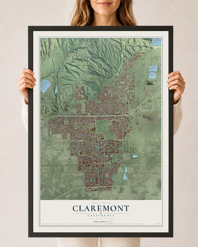 Map of Claremont, California, 24 x 36 inch print in a black wood frame