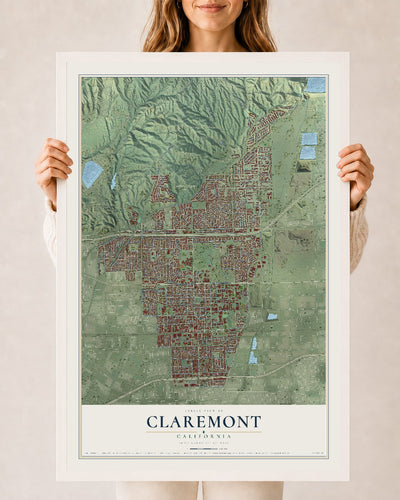 Map of Claremont, California, 24 x 36 inch print in a white wood frame