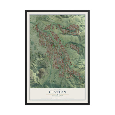 Map of Clayton, California, 12 x 18 inch print in a black wood frame