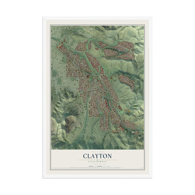 Map of Clayton, California, 12 x 18 inch print in a white wood frame