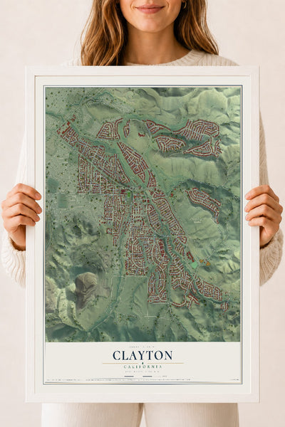 Map of Clayton, California, 18 x 24 inch print in a white wood frame