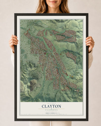 Map of Clayton, California, 24 x 36 inch print in a black wood frame