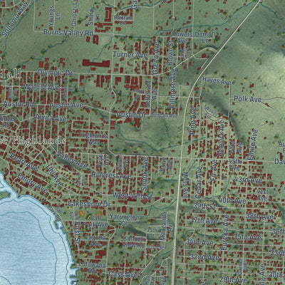 Close-up of the map of Clearlake, California print showing street and building detail