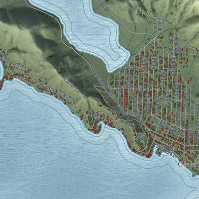 Second close-up of the map of Clearlake, California print showing more streets and buildings