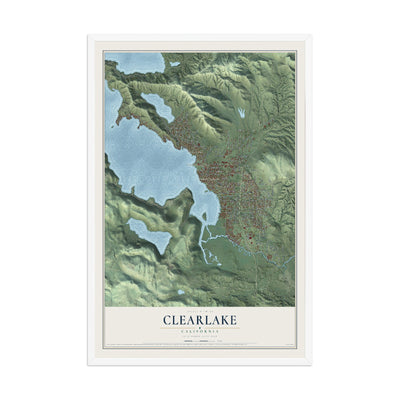 Map of Clearlake, California, 12 x 18 inch print in a white wood frame