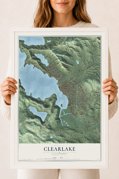 Map of Clearlake, California, 18 x 24 inch print in a white wood frame