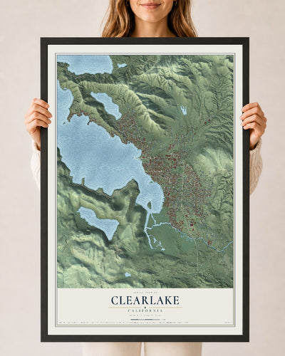 Map of Clearlake, California, 24 x 36 inch print in a black wood frame