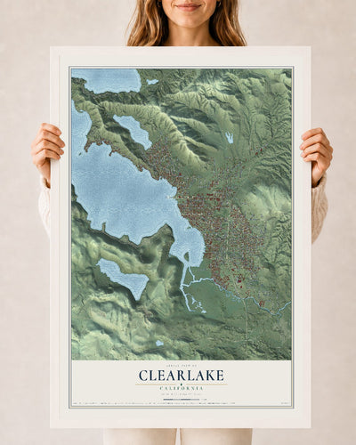 Map of Clearlake, California, 24 x 36 inch print in a white wood frame