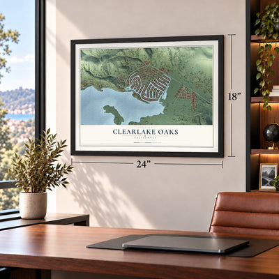 Clearlake Oaks, California map, 18 x 24 inch print in a black frame in a home office