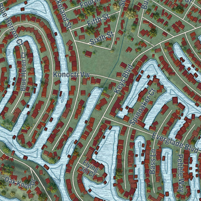Close-up of the map of Clearlake Oaks, California print showing street and building detail