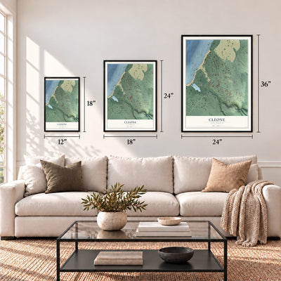 Cleone, California map in 12 x 18, 18 x 24 and 24 x 36 inch sizes above a sofa