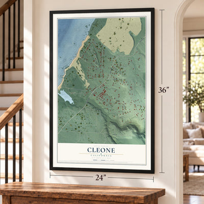Cleone, California map, 24 x 36 inch print in a black frame by a staircase