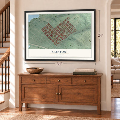 Clinton, California map, 24 x 36 inch print in a black frame above a dresser by a staircase