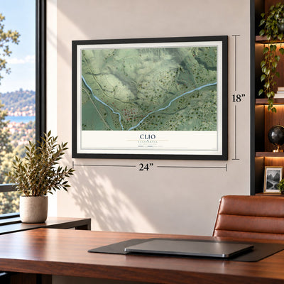 Clio, California map, 18 x 24 inch print in a black frame in a home office
