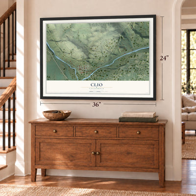 Clio, California map, 24 x 36 inch print in a black frame above a dresser by a staircase