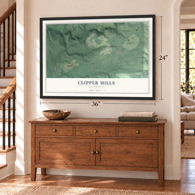 Clipper Mills, California map, 24 x 36 inch print in a black frame above a dresser by a staircase