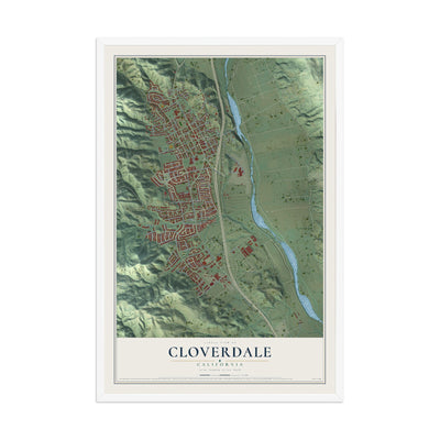 Map of Cloverdale, California, 12 x 18 inch print in a white wood frame
