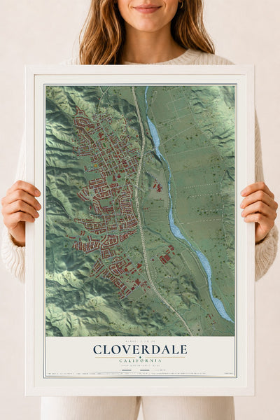 Map of Cloverdale, California, 18 x 24 inch print in a white wood frame