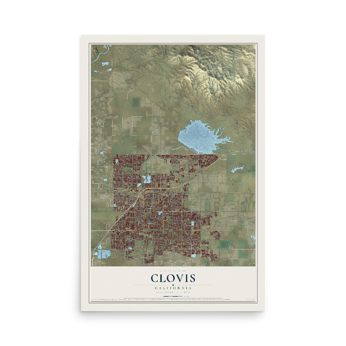 Map of Clovis, California, 12 x 18 inch unframed archival matte print