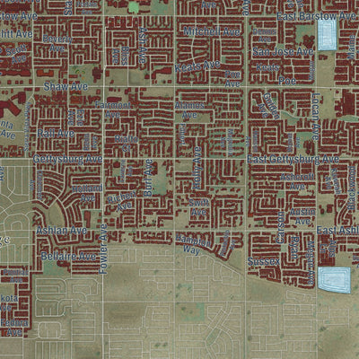 Second close-up of the map of Clovis, California print showing more streets and buildings