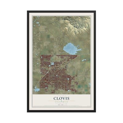 Map of Clovis, California, 12 x 18 inch print in a black wood frame