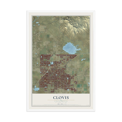 Map of Clovis, California, 12 x 18 inch print in a white wood frame