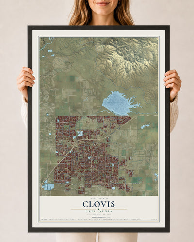Map of Clovis, California, 24 x 36 inch print in a black wood frame