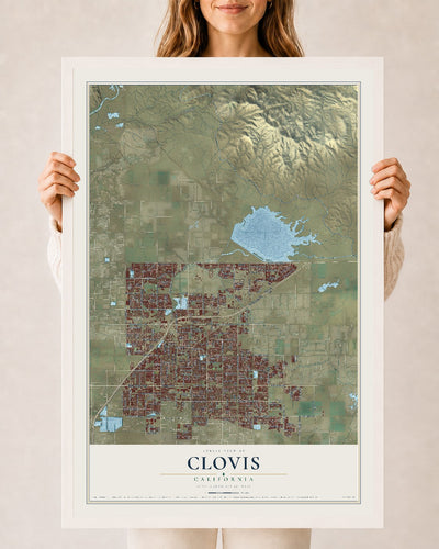 Map of Clovis, California, 24 x 36 inch print in a white wood frame
