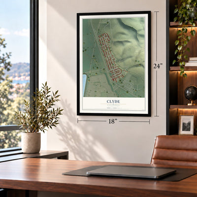Clyde, California map, 18 x 24 inch print in a black frame in a home office