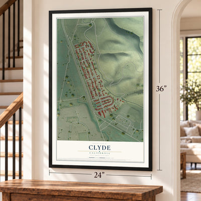 Clyde, California map, 24 x 36 inch print in a black frame by a staircase