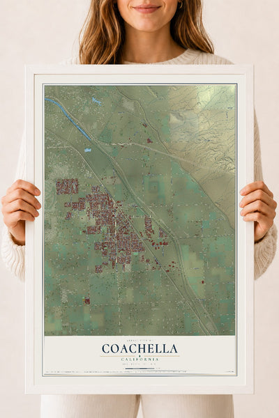 Map of Coachella, California, 18 x 24 inch print in a white wood frame