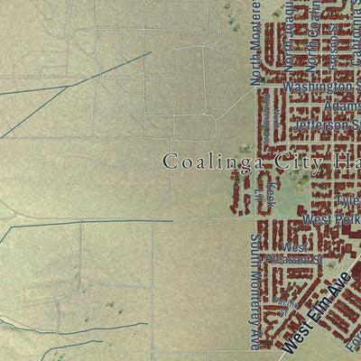 Close-up of the map of Coalinga, California print showing street and building detail