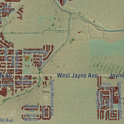 Second close-up of the map of Coalinga, California print showing more streets and buildings