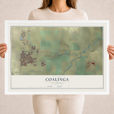 Map of Coalinga, California, 18 x 24 inch print in a white wood frame