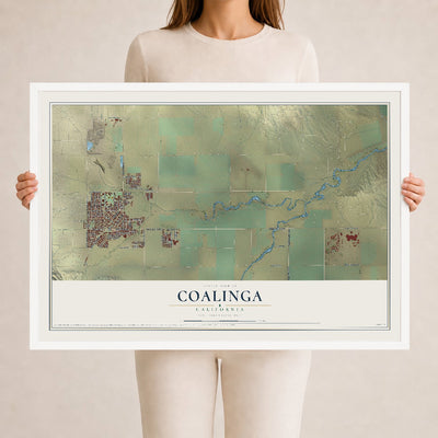 Map of Coalinga, California, 24 x 36 inch print in a white wood frame