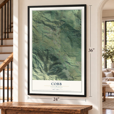 Cobb, California map, 24 x 36 inch print in a black frame by a staircase