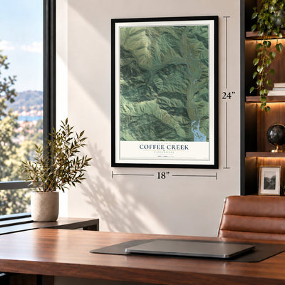Coffee Creek, California map, 18 x 24 inch print in a black frame in a home office