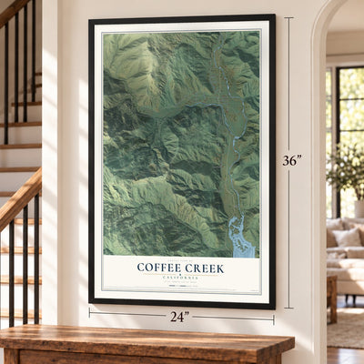 Coffee Creek, California map, 24 x 36 inch print in a black frame by a staircase