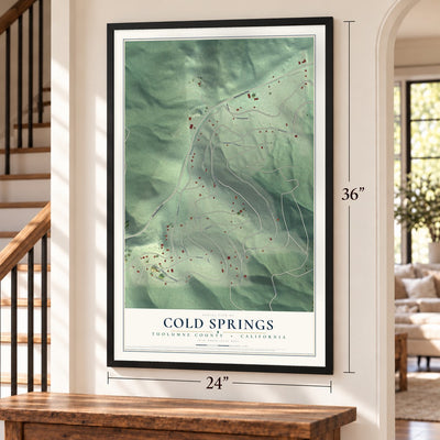 Cold Springs, Tuolumne County, California map, 24 x 36 inch print in a black frame by a staircase