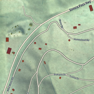 Close-up of the map of Cold Springs, Tuolumne County, California print showing street and building detail