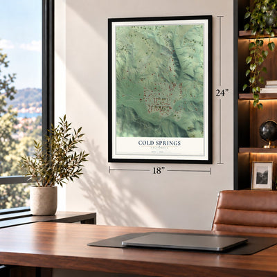 Cold Springs, California map, 18 x 24 inch print in a black frame in a home office