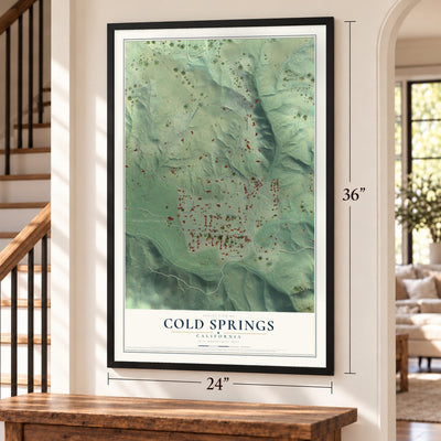 Cold Springs, California map, 24 x 36 inch print in a black frame by a staircase