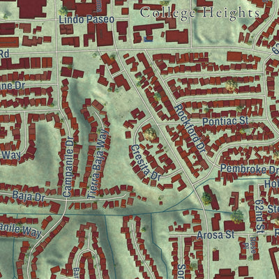 Second close-up of the map of College Area, California print showing more streets and buildings