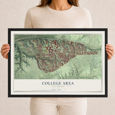 Map of College Area, California, 12 x 18 inch print in a black wood frame